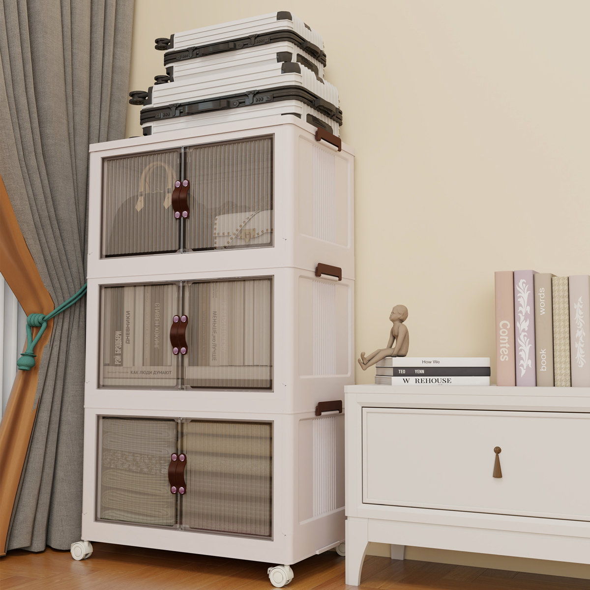 Storage Bins With Lids-Stackable Plastic Storage Bins on Wheels, Closet Organizers and Storage,Collapsible Storage Cabinet with Doors for Office Garage Kitchen Under Stairs,Larger 5Tier